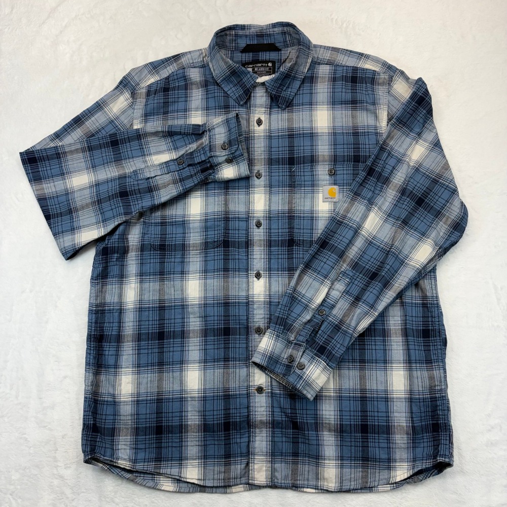 Carhartt Rugged Flex Relaxed Fit Plaid Flannel Shirt Blue Mens Large TW5949-M